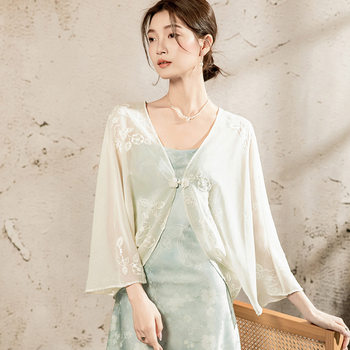 ເສື້ອຢືດເສື້ອຍືດຄໍ v-neck ແບບແຫ່ງຊາດທີ່ມີແຂນ bat ວ່າງ 2026 ລະດູໃບໄມ້ປົ່ງແລະລະດູຮ້ອນປົກປ້ອງແສງແດດຂອງຜູ້ຍິງແຂນເກົ້າໄຕມາດ embroidered chiffon