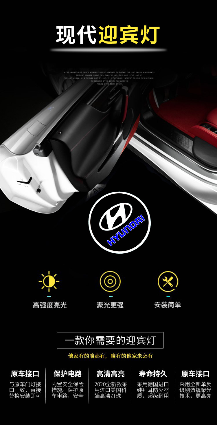 тюнинг фар 适用于现代索纳塔八迎宾灯悦动索八/8/9新胜达车门投影灯氛围灯改