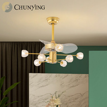 Nordic all copper living room chandelier light luxury crystal variable frequency silent fan lamp invisible fan leaf restaurant bedroom ceiling fan lamp