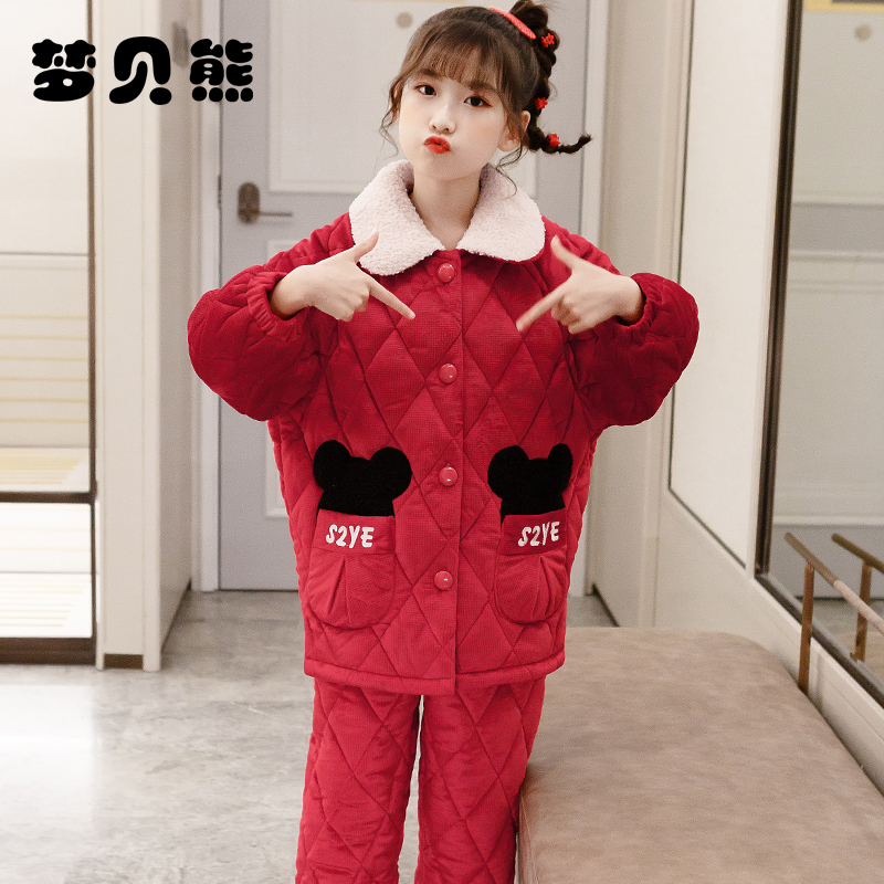 Children's pyjamas girls'winter coral suede thickening clip cotton autumn and winter style girls' gush warm family clothes for CUHK children