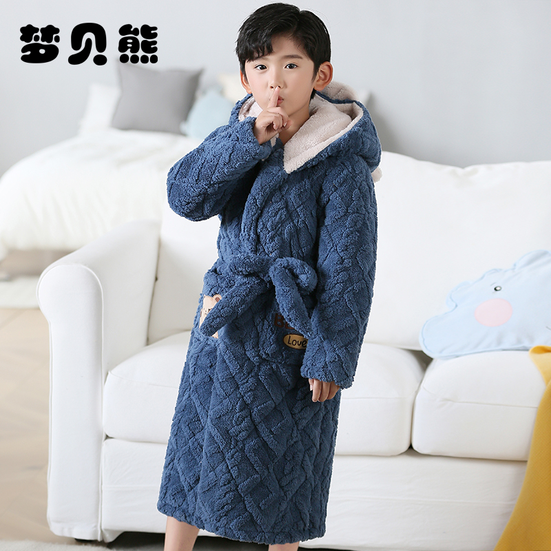 Children's pajamas boys winter coral fleece nightgown thickened quilted boys warm flannel mid-length bathrobes