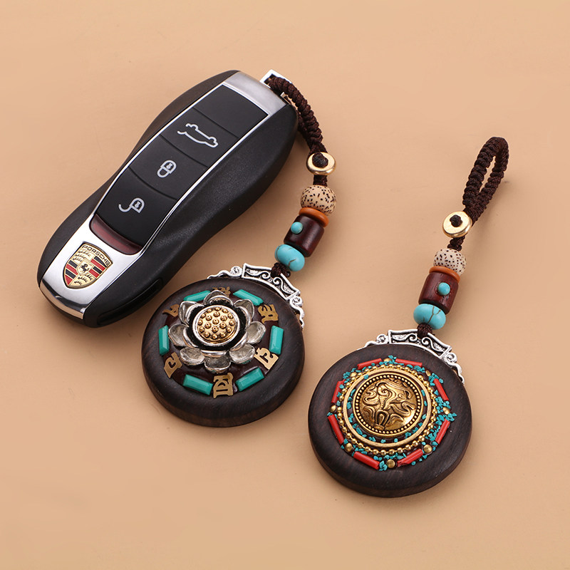 High-grade sandalwood transfer bead keychain zhao cai car key pendant handmade creative men and women pendant rope safety buckle