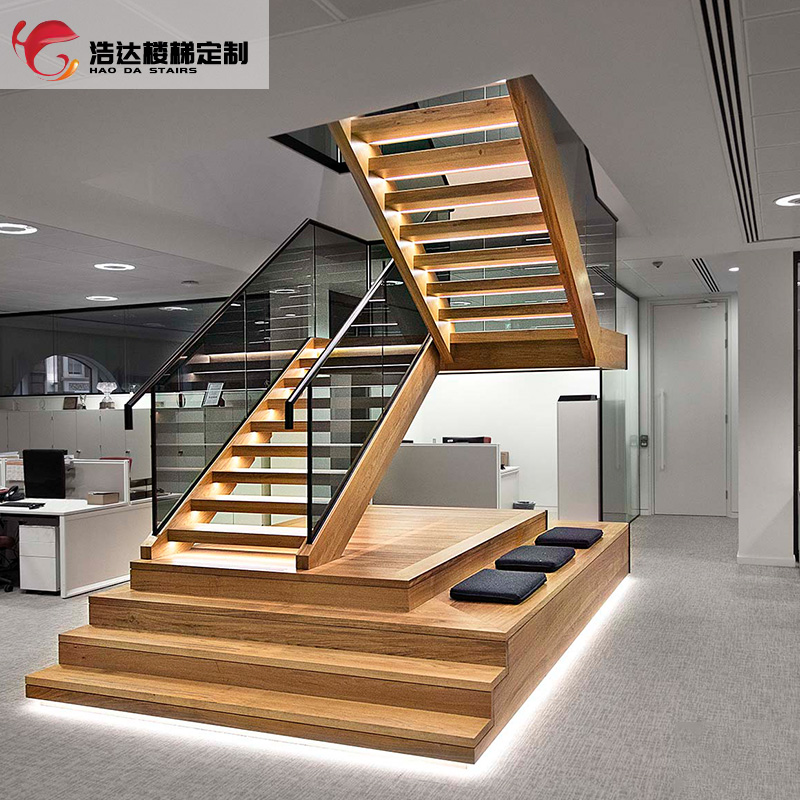 Interior Minimalist Type Monolithic Iron Art Steel Wood Leaping Penthouse Swivel Twin Beam Stairway Pillar Armrest Wood Pedal Modern