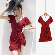 Conservative one-piece swimsuit womens summer belly cover thin 2021 new fairy seaside small chest large size fat mm swimsuit