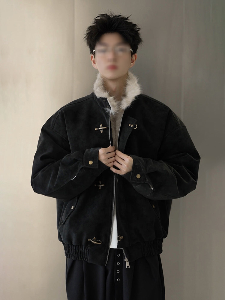 Black American-Style Harrington Leather Jacket, Cotton-Padded Men's Winter Short Jacket with Aviator Buckle, Mountain Carving Design, Fleece-Lined and Thickened