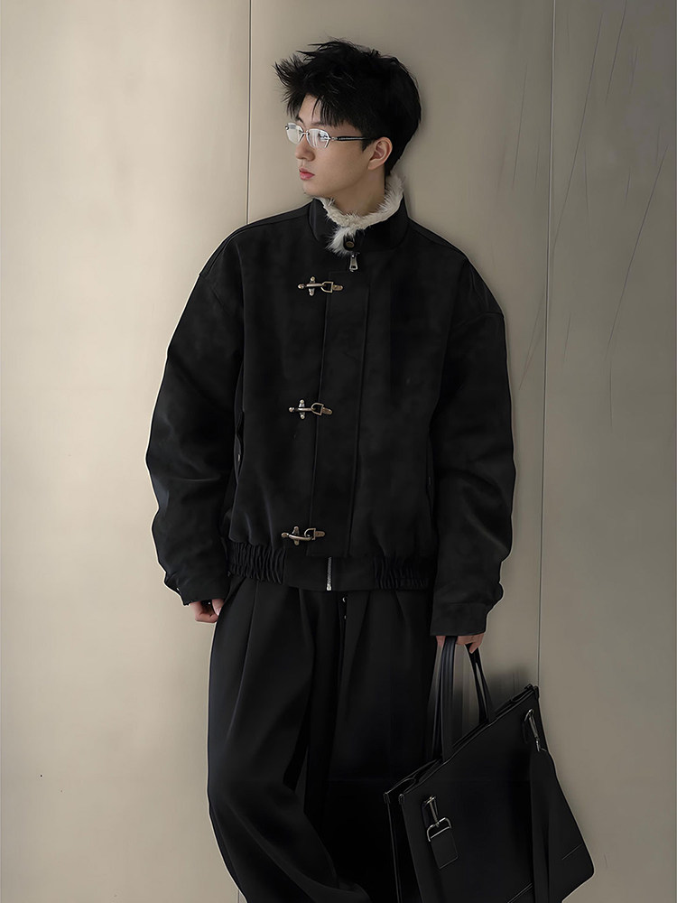 Black American-Style Harrington Leather Jacket, Cotton-Padded Men's Winter Short Jacket with Aviator Buckle, Mountain Carving Design, Fleece-Lined and Thickened