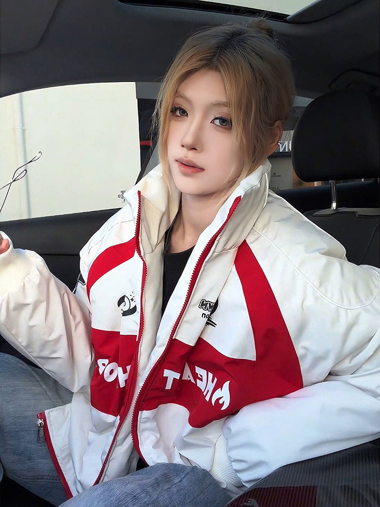 American-Style Color-Block Printed down Jacket for Men and Women, Winter Vintage Biker Cotton Jacket with a High-End Feel, Stand-Up Collar Racing Cotton Coat