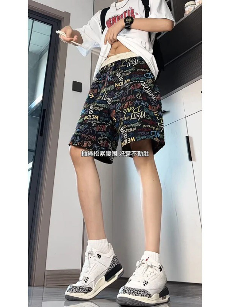 American Graffiti All-Over Printed Shorts Men's Summer Hawaiian Cleanfit Quick-Drying Pants Straight Loose Five-Quarter Pants