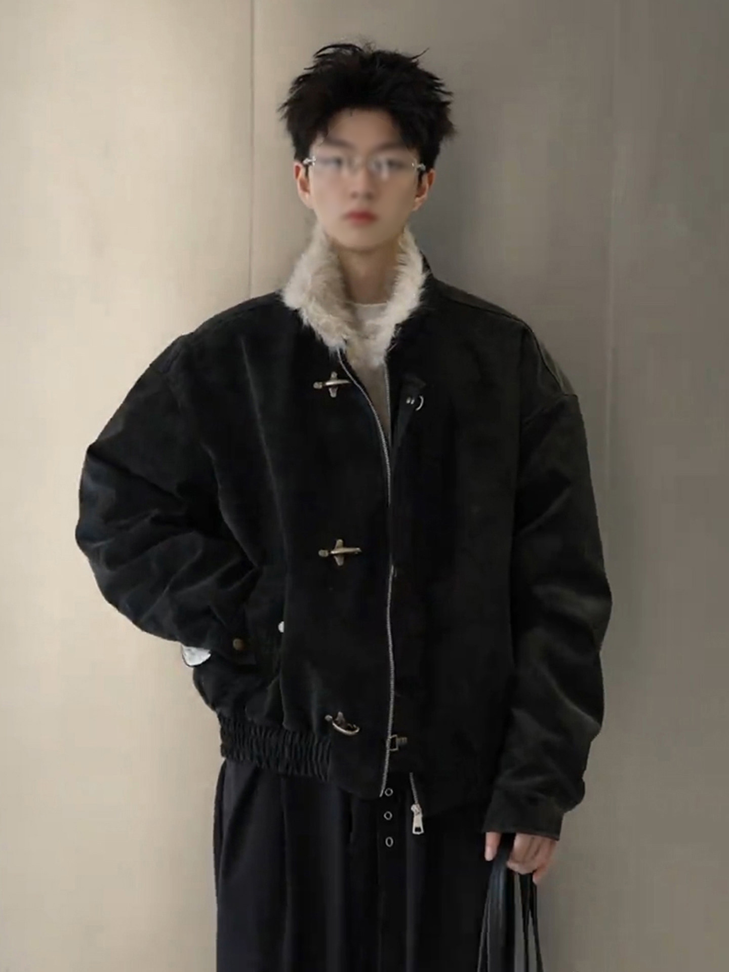 American-Style Aviator Buckle Collar Shearling Jacket for Men, Winter Fleece-Lined Thickened Pu Leather Cotton Coat, Stand Collar Harrington Jacket