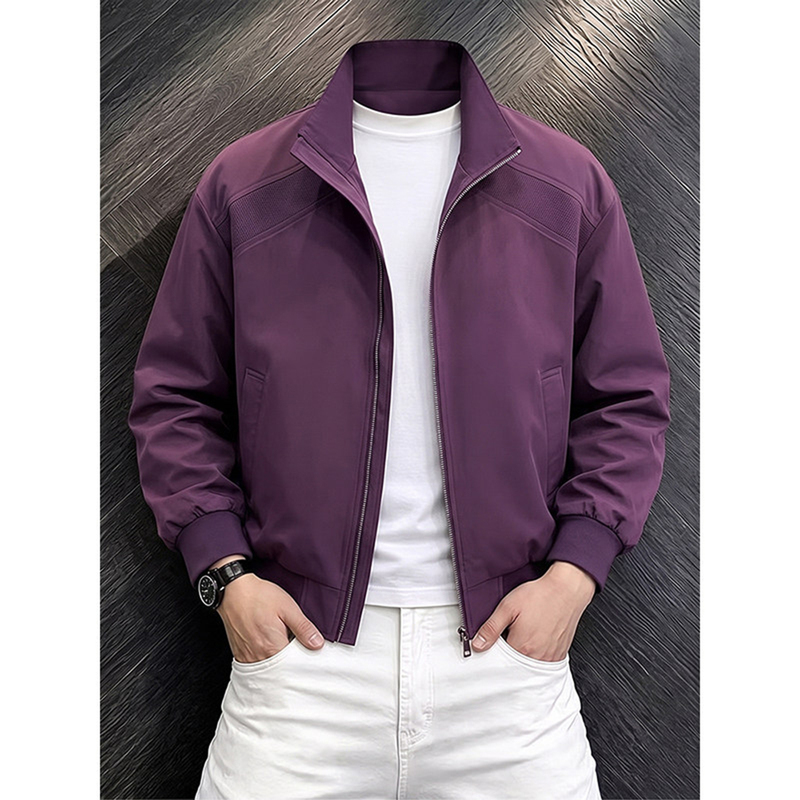 Purple Bomber Jacket with Stand Collar for Men, Autumn American-Style Patchwork Workwear Short Jacket, Regular Shoulder Baseball Jacket