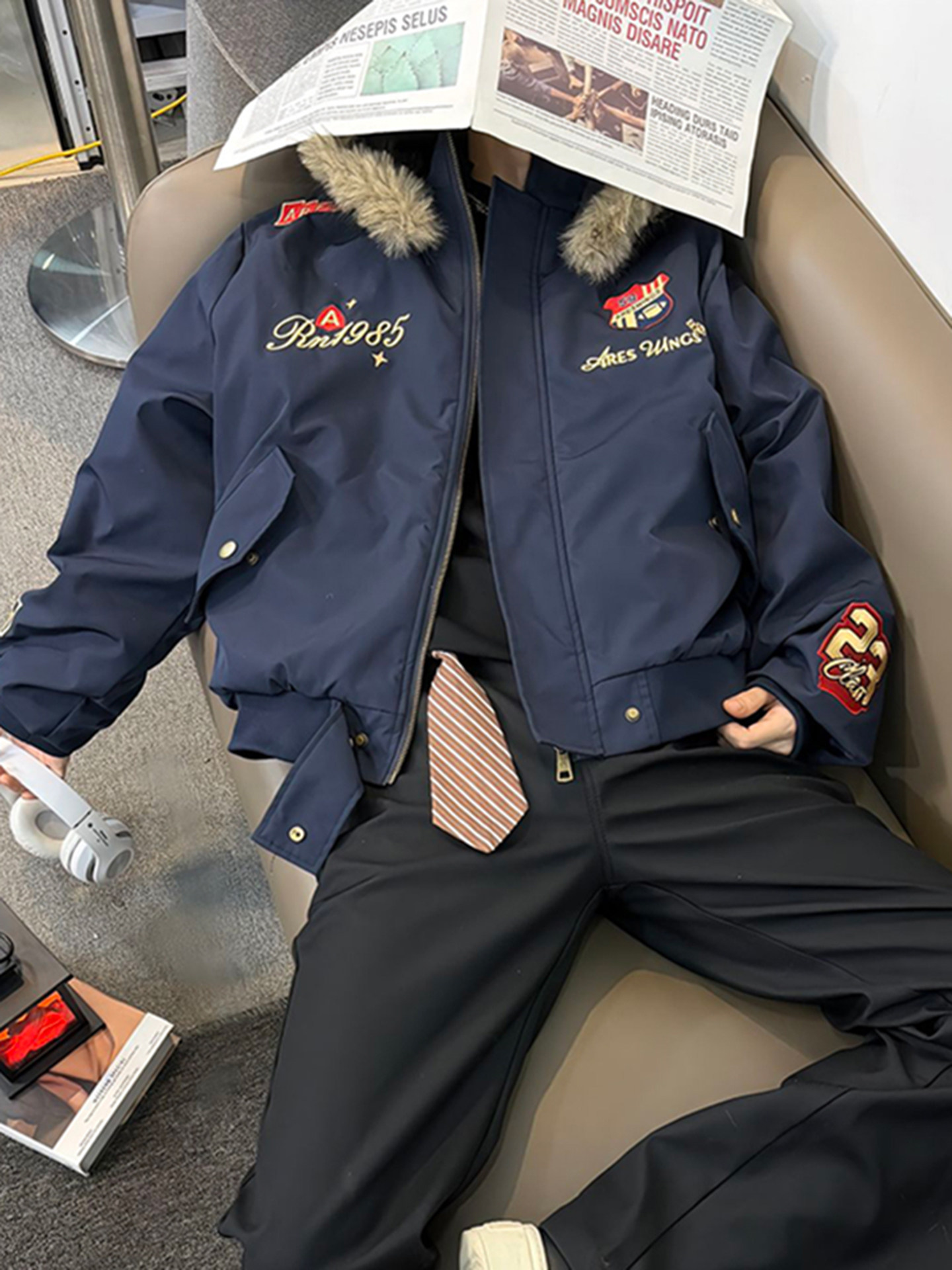 Navy Blue American-Style down Parka Cotton Jacket for Men, Cool and Stylish Outfit Set, Winter Embroidered Fur Collar Coat, Puffer Jacket