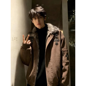 American Retro Style Mountain Carving Cotton Jacket for Men, Winter Cross Fur Collar Work Jacket, Thickened and Warm Cotton Coat