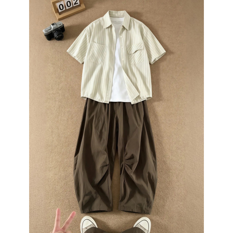 American-Style Striped Short-Sleeve Shirt Set for Men and Women, Summer Korean-Style T-Shirt Shirt and Wide-Leg Scimitar Pants Two-Piece Set American-Style Striped Short-Sleeve Shirt Set for Men and Women, Summer Korean-Style T-Shirt Shirt and Wide-Leg Scimitar Pants Two-Piece Set