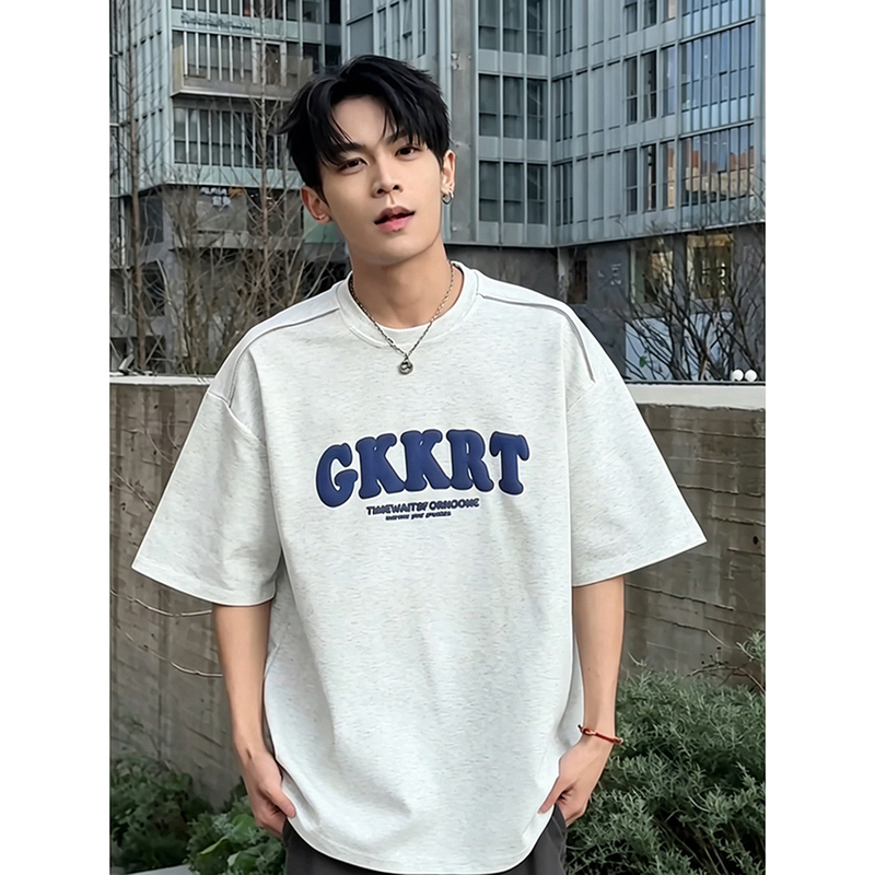 White Floral Letter Print Short-Sleeve Men's Summer Outfit American-Style Stiff Heavyweight T-Shirt with Regular Shoulders and Small Neckline Half-Sleeve