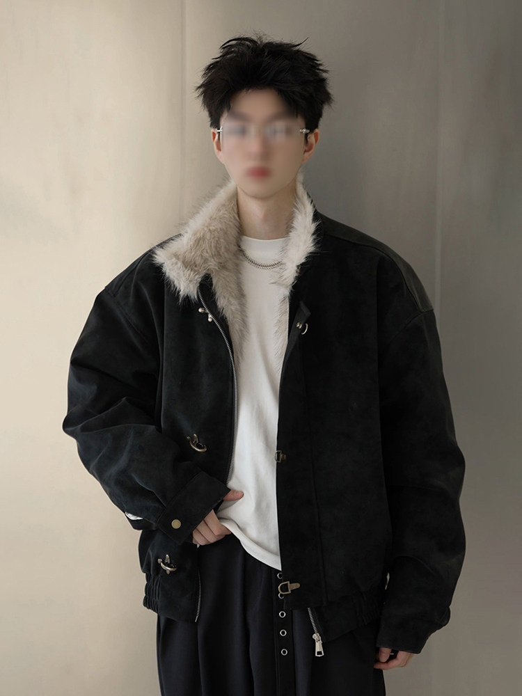 Black American-Style Harrington Leather Jacket, Cotton-Padded Men's Winter Short Jacket with Aviator Buckle, Mountain Carving Design, Fleece-Lined and Thickened