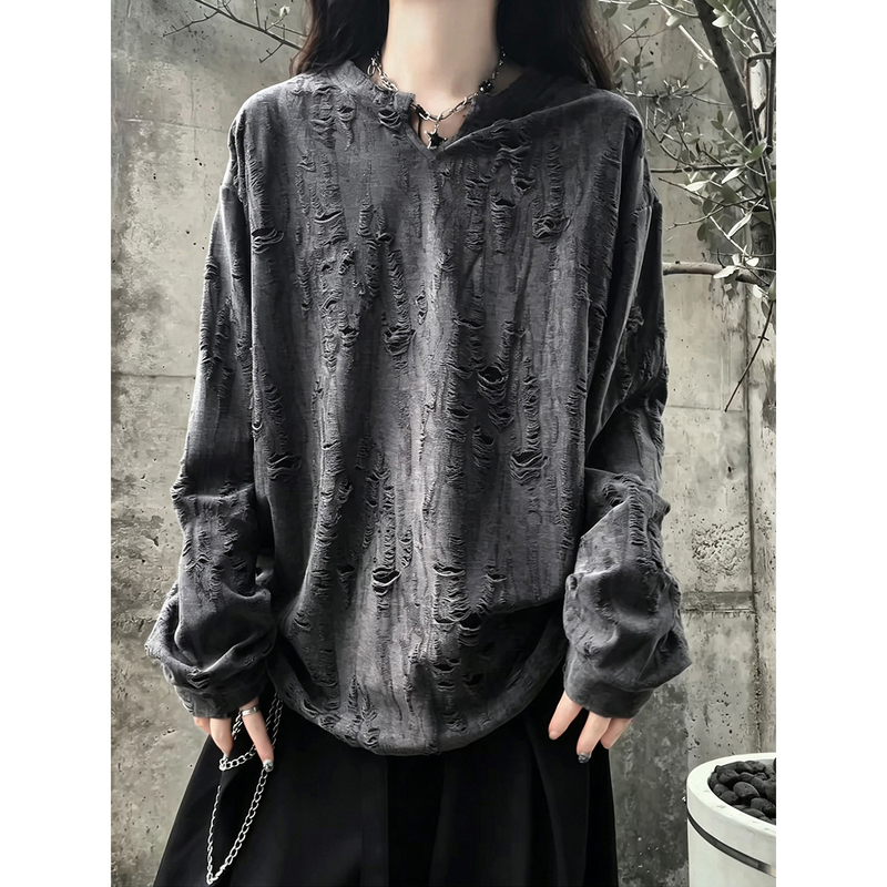 Gray American-Style Ripped V-Neck Long-Sleeve T-Shirt for Men and Women, Autumn Season, Cool and Stylish Design, Lazy Style Sweatshirt, Inner Layer Base Shirt Gray American-Style Ripped V-Neck Long-Sleeve T-Shirt for Men and Women, Autumn Season, Cool and Stylish Design, Lazy Style Sweatshirt, Inner Layer Base Shirt