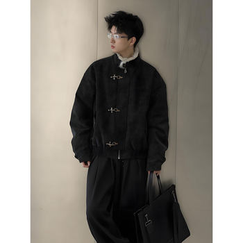 Black American-Style Harrington Leather Jacket, Cotton-Padded Men's Winter Short Jacket with Aviator Buckle, Mountain Carving Design, Fleece-Lined and Thickened