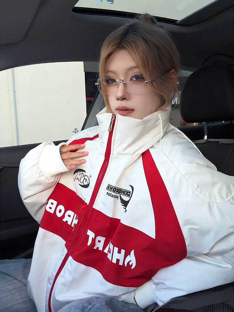 American-Style Color-Block Printed down Jacket for Men and Women, Winter Vintage Biker Cotton Jacket with a High-End Feel, Stand-Up Collar Racing Cotton Coat