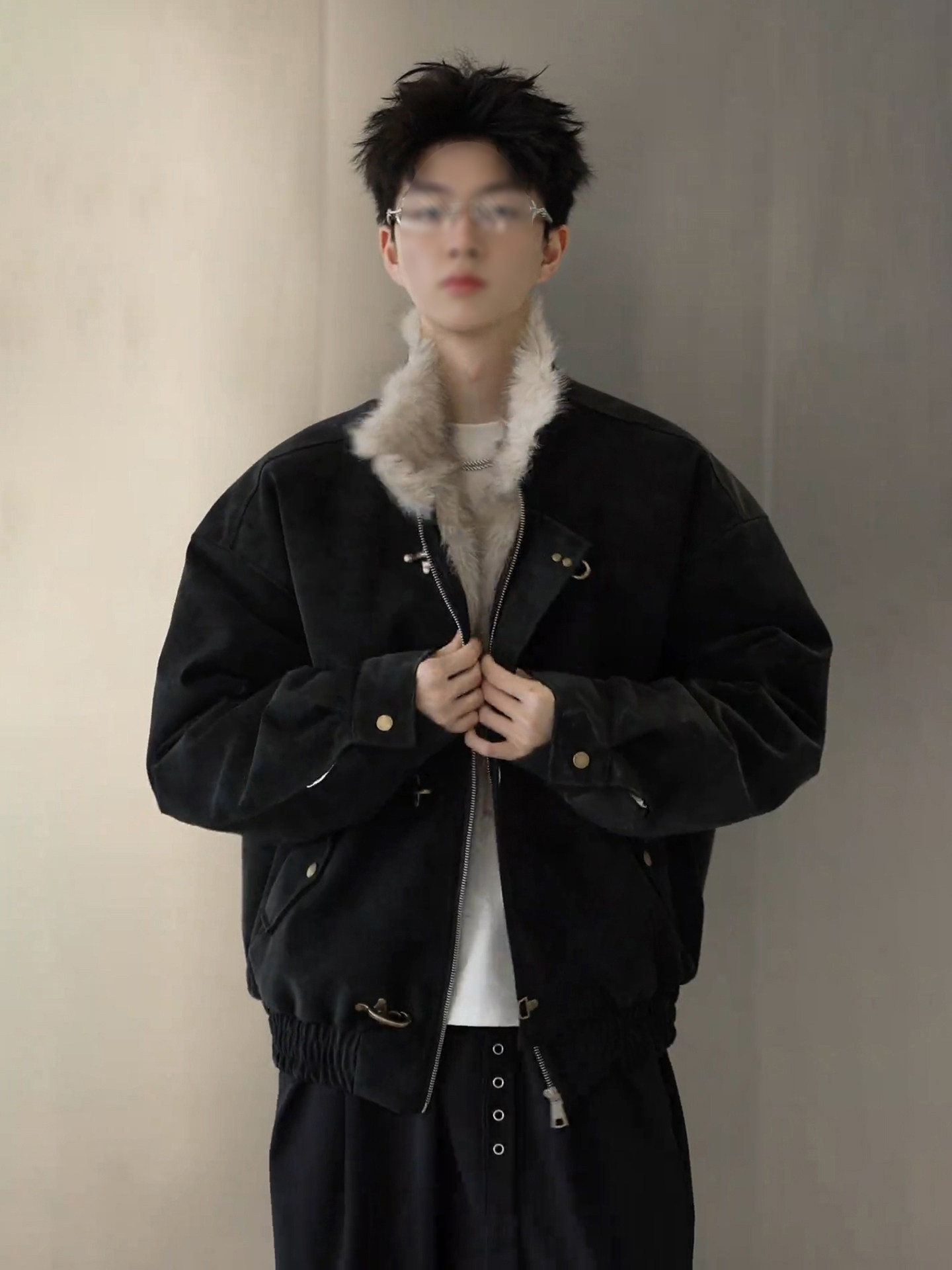 American-Style Aviator Buckle Collar Shearling Jacket for Men, Winter Fleece-Lined Thickened Pu Leather Cotton Coat, Stand Collar Harrington Jacket