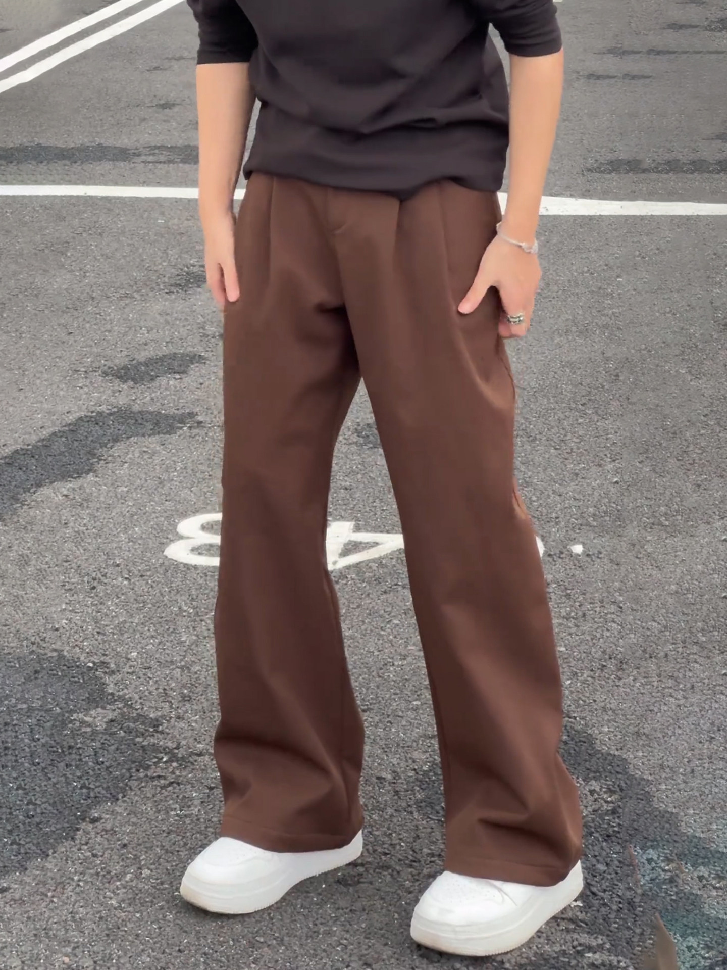 Brown Pleated Wide-Leg Fleece-Lined Dress Pants for Men, Autumn and Winter, Melard Style, Cool and Stylish Pants with Drape, Straight-Leg Casual Pants