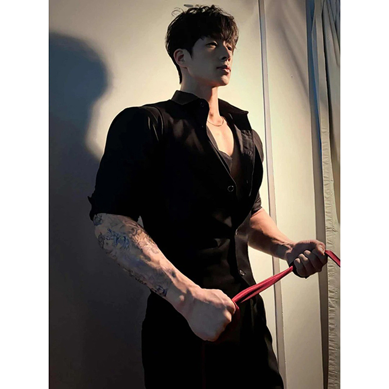 Black Ascetic-Style Suit Long-Sleeved Shirt for Spring and Autumn, Cool and Mature, Stable Men's Clothing, Slim Fit, Muscle-Enhancing Shirt
