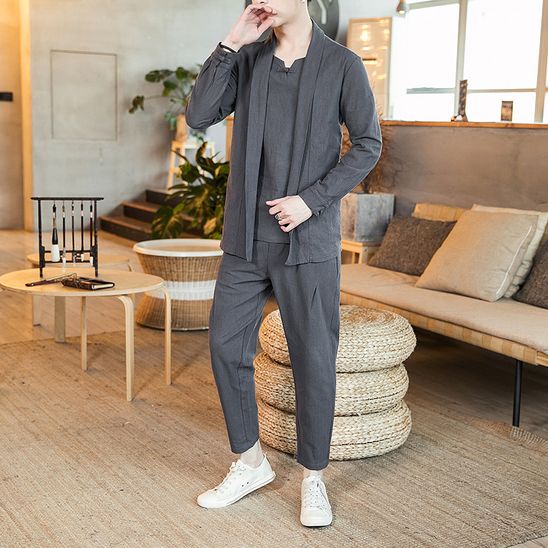 Han quần áo của nam giới áo gió cổ gió Trung Quốc cardigan bộ bông Linean ăn mặc Zen váy gus dossrobe hai mảnh bộ thanh niên của