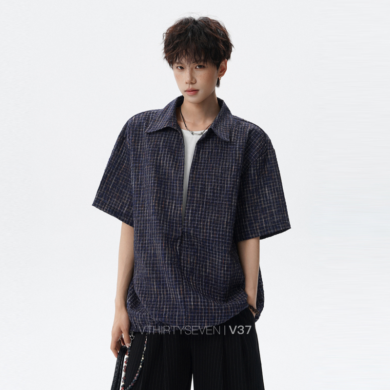 V37 Fake Two-Piece Short-Sleeved Shirt for Men 2026 Summer New Style Seersucker Texture Half-Sleeve Shirt Jacket