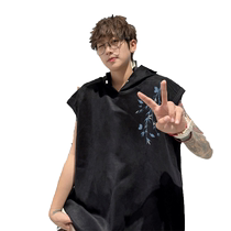 Suede hooded vest mens 2024 summer new Hong Kong style trendy loose large size high street versatile waistcoat T-shirt
