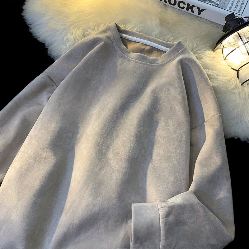 Suede velvet sweatshirt male autumn winter new gush American retro long sleeve inserted shoulder t-shirt loose big code for the undershirt-Taobao