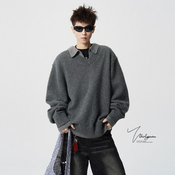 American retro gray shirt collar knitted sweater American retro gray shirt collar knitted sweater