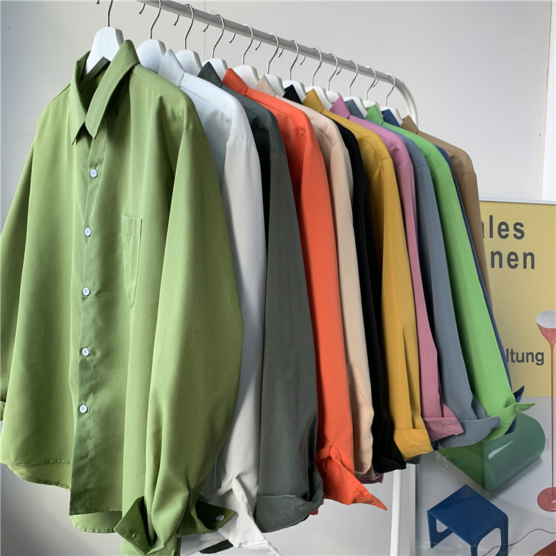 Solid Color Shirt Men's Summer New American Basic Style Long-Sleeved Shirt Loose Large Size Casual Couple Jacket Trendy