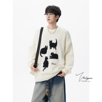 Cartoon kitten jacquard round neck knitted sweater for men Cartoon kitten jacquard round neck knitted sweater for men