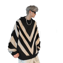 V37 contrast striped sweater for men spring and autumn 2024 new youth Japanese high street handsome round neck sweater