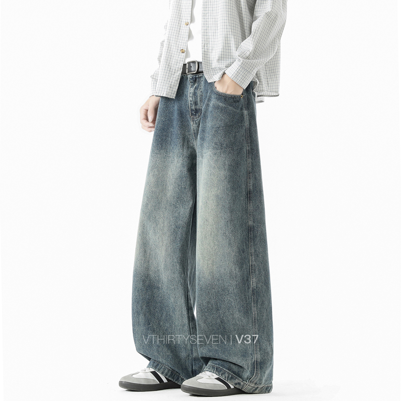 V37 American Retro Washed Distressed Jeans for Men, Autumn Trendy High Street Loose Straight-Leg Versatile Wide-Leg Pants
