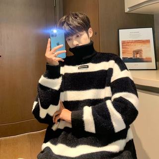 Pull col roulé homme en velours de vison rayé noir et blanc