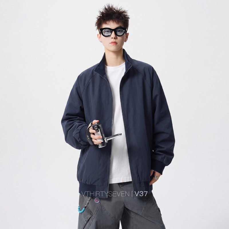 V37 American-Style Navy Blue Stand-Up Collar Coach Jacket for Men, Autumn Vintage Cleanfit Loose Casual Raglan Sleeve Jacket