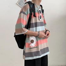 Striped short sleeve male ins Tide brand Daisy T-shirt Half sleeve trend loose Harajuku wind clothes summer harbor wind half sleeve