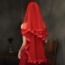 Red veil bridal main wedding dress short headdress Xiuhe clothing red hijab wedding retro style puffy simple license