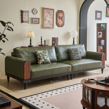 Sibihao french retro ash solid wood sofa living room three-seat straight american mid-century style leather sofa Sibihao french retro ash solid wood sofa living room three-seat straight american mid-century style leather sofa