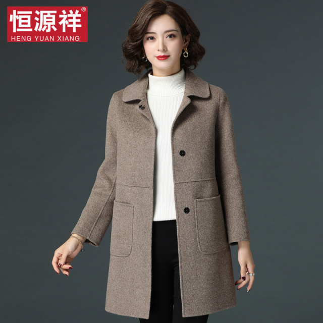 {Clearance} Hengyuanxiang Pure Wool Coat Women's Spring and Autumn Woolen Mid-Length Middle-aged Double-sided Woolen Coat ແມ່ຂອງ