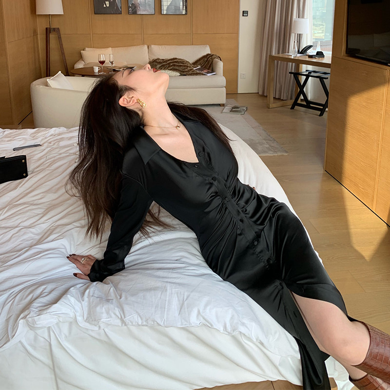 HBE Water Gothic satin rose black folds in long version V collar collection waist open fork shirt skirt women's shirt style dress