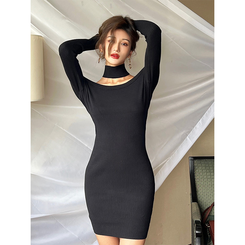 HBE Hydro wants to be turned away from the sexy dew-shoulder sweater dress black bag hip skirt knit foreign dress