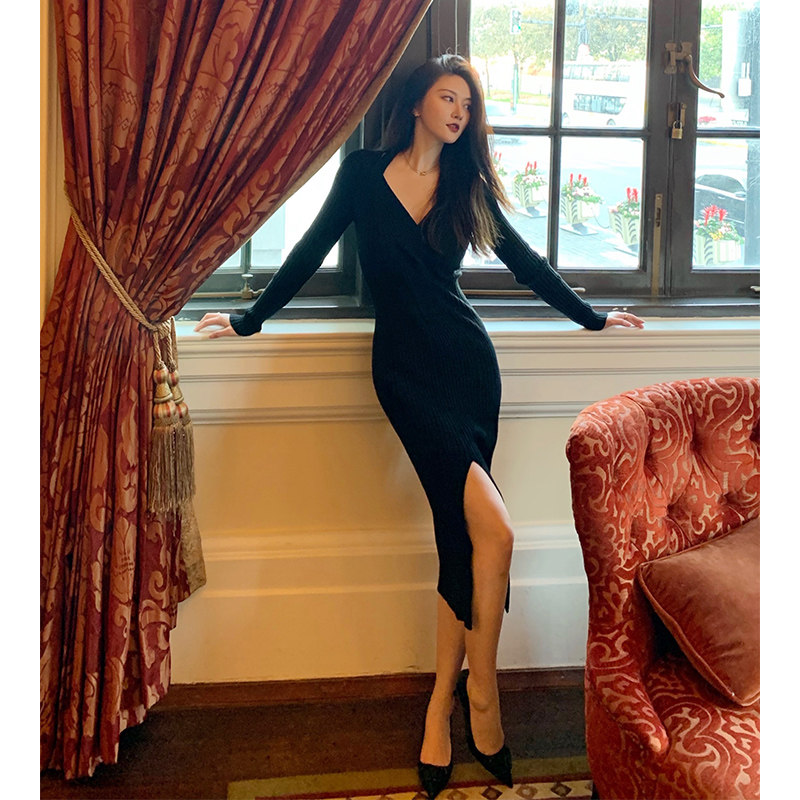 HBE Hydrogoyo Black Deep V Collar Open Fork Longversion Over Kneecap Black Sweater Skirt Woman Autumn Winter Knit Ocean Dress