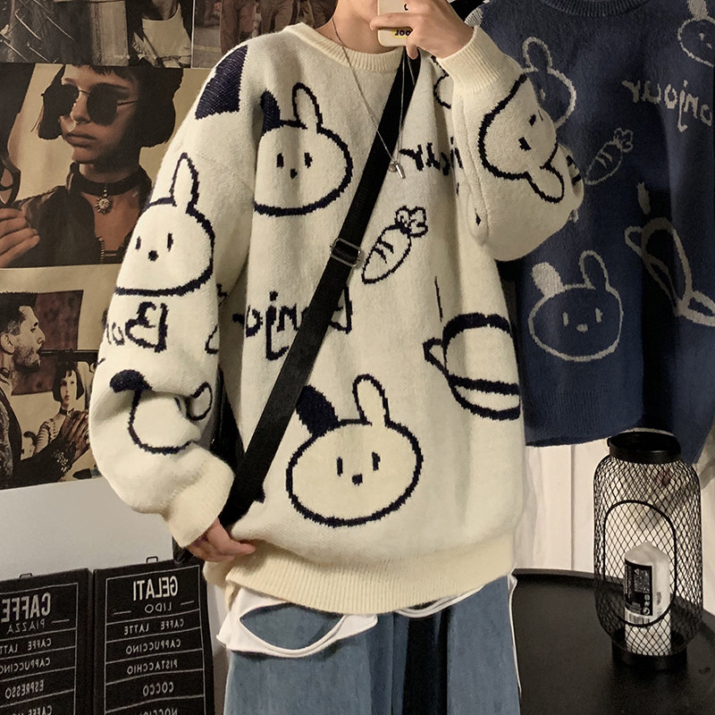 Cartoon sweater men autumn winter Korean version trend thick loose plus size undershirt student lazy couple knit shirt