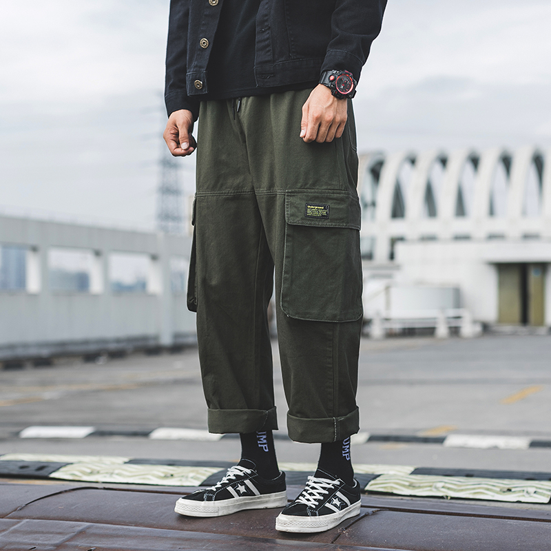 Pants men's autumn Japanese multi-pocket straight loose casual overalls pants men's trend sports nine-point straight pants
