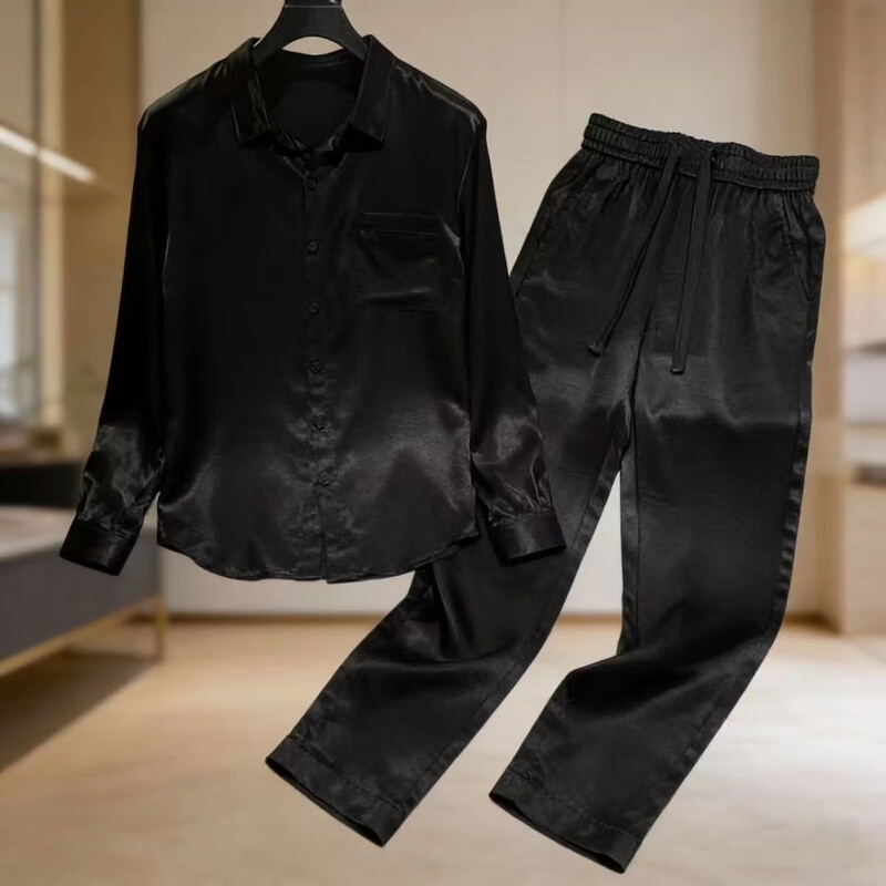 Summer Cool and Stylish Satin Suit for Men, High-End Lazy Style Outfit, Ice Silk Shirt and Long Pants Two-Piece Set for Men