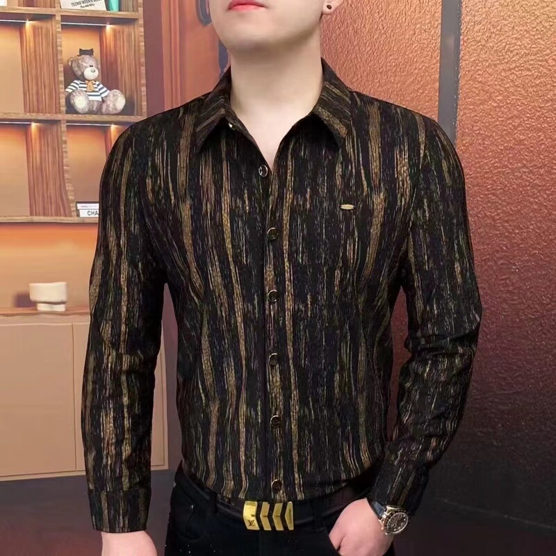 Spring and Autumn Casual Shirts for Men, Long-Sleeved, Light Luxury, Trendy, Slim Fit, Business, Stylish, High-Quality, Gold-Printed Shirts