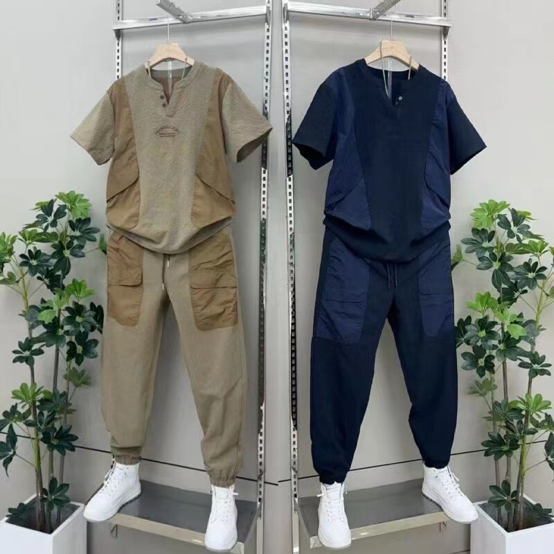 Summer New Product Seersucker Embroidered Short-Sleeved Casual Suit Men's Patchwork Outdoor Versatile Workwear Trousers Two-Piece Set