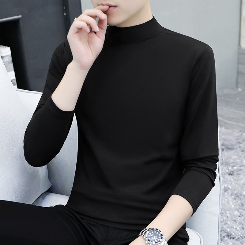 Half-High Collar Solid Color Mid-Neck Pure Cotton Long-Sleeve T-Shirt for Men, Spring and Autumn Xinjiang Cotton Base Layer, Fashionable and Trendy Men's Wear