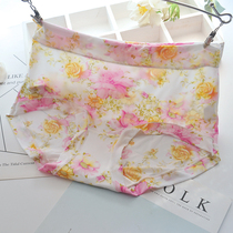 Summer Ice Silk breathable mid-high waist rose flower print breifs ladies silky soft unscented thin underwear
